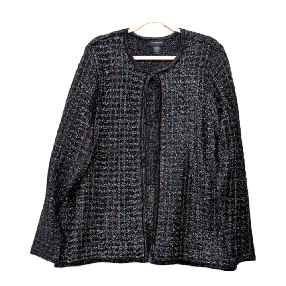 Liz Claiborne‎ 1X Black Open Cardigan Sweater Metallic Pink & Silver Holiday